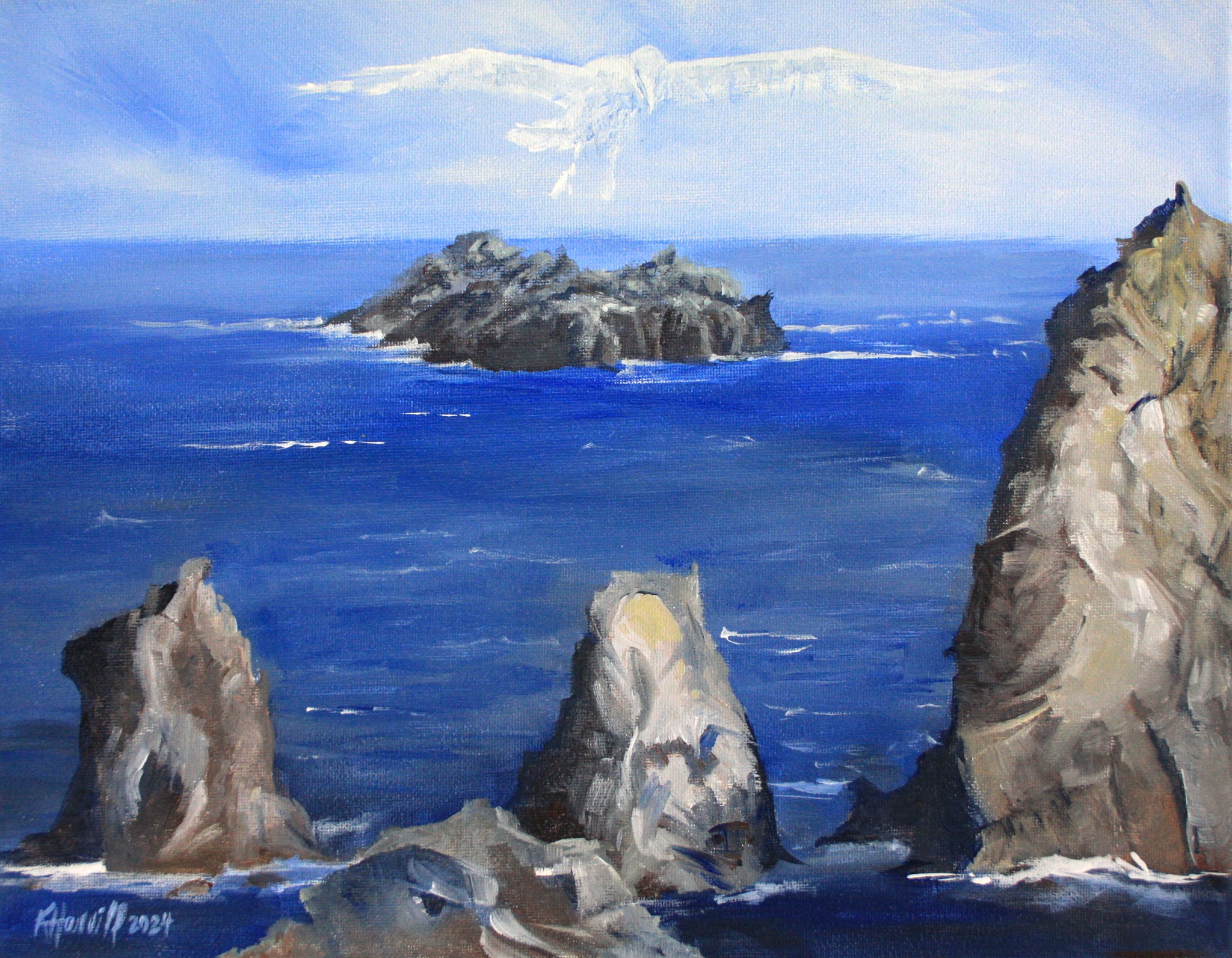 Kitty Harvill The Guardians 11 x 14 ins acrylic on canvas 5 Albatrosses hidden in the sky and rockscan you find them all