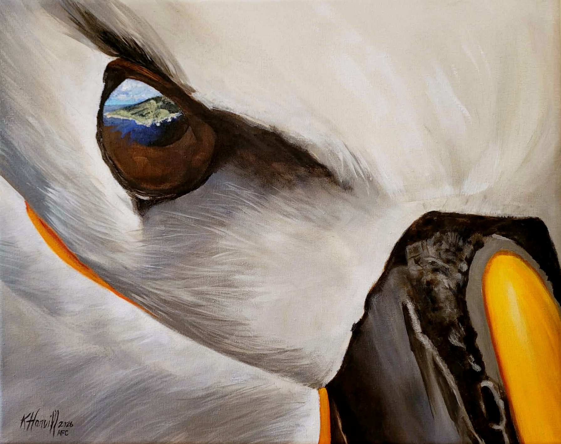 Kitty Harvill Dreaming of Gough Atlantic Yellow nosed Albatross acrylic on canvas photogtaph Chris Jones